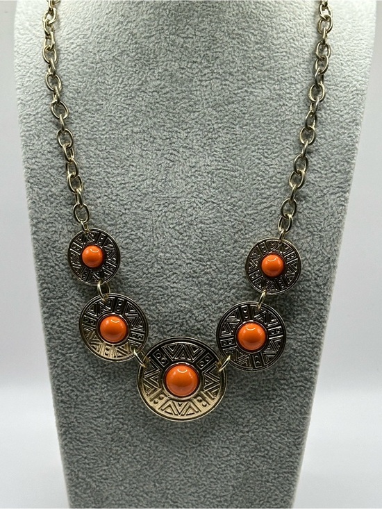 Jewelry - Vintage Gold Tone Orange Cabochon Geometric Etched Medallion Collar Necklace